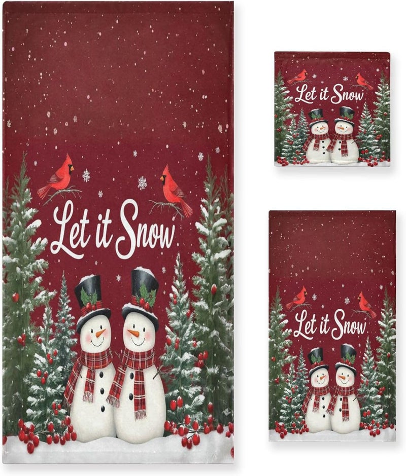 Dussdil Christmas Snowmen Cardinals Trees Bathroom Towel Set of 3 Pcs Hand Fingertip Towels 1 Bath Towel 1 Hand Towel 1 Washcloth for Home Bathroom Beach Swim Soft Highly Absorbent Multipurpose Decor - Image 1